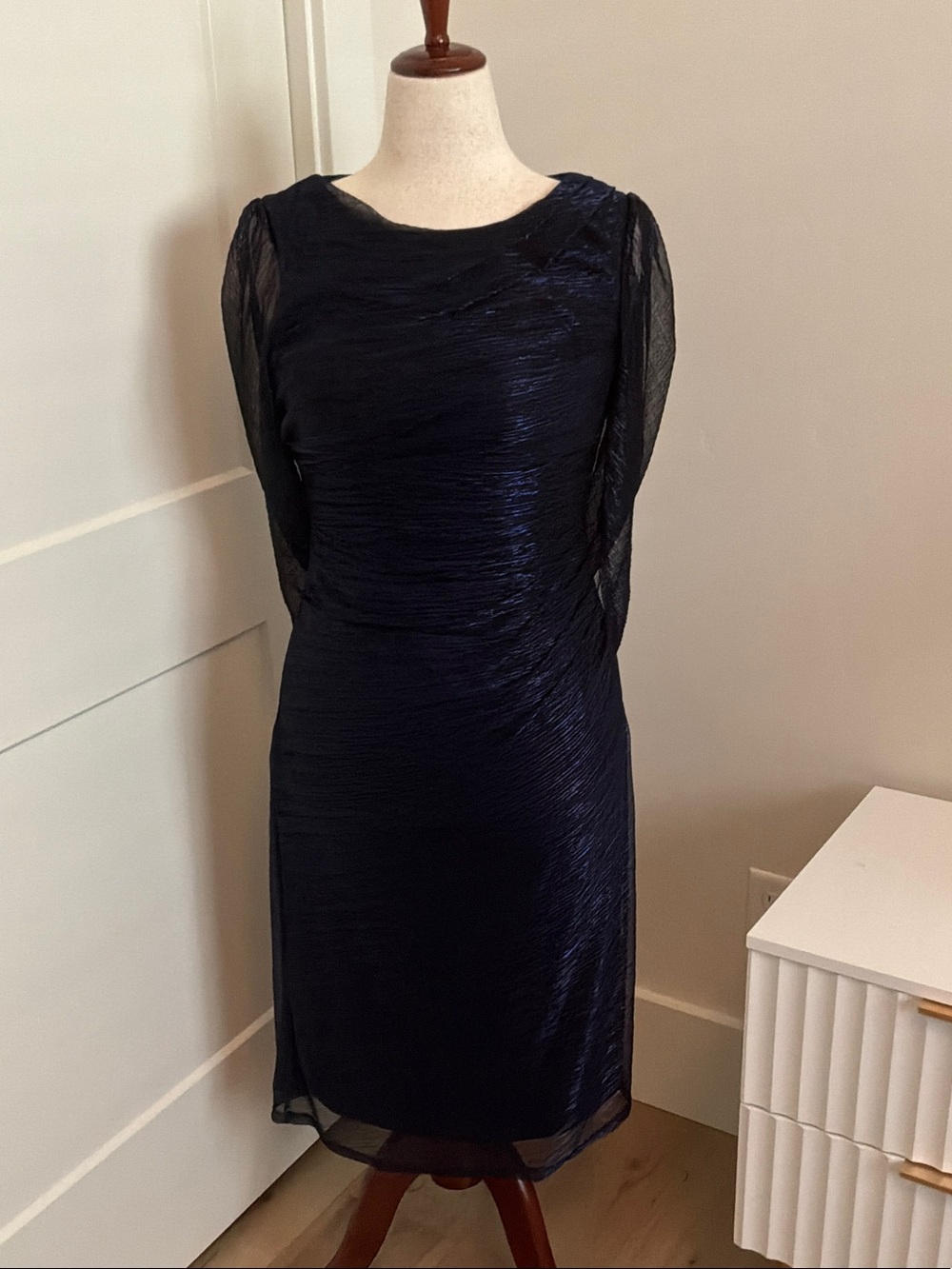 OC by Oleg Cassini Navy Sheer-Sleeve Textured Midi Dress